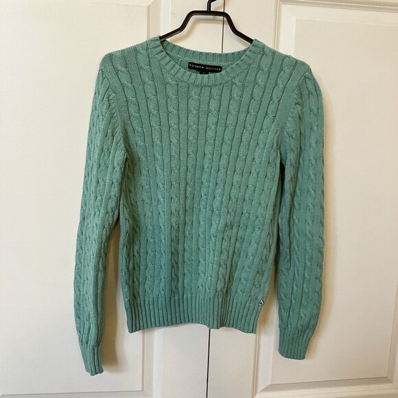 Tommy Hilfiger Sweater Womens M Mint Green Cable Knit Fisherman Academia Preppy - Picture 1 of 7